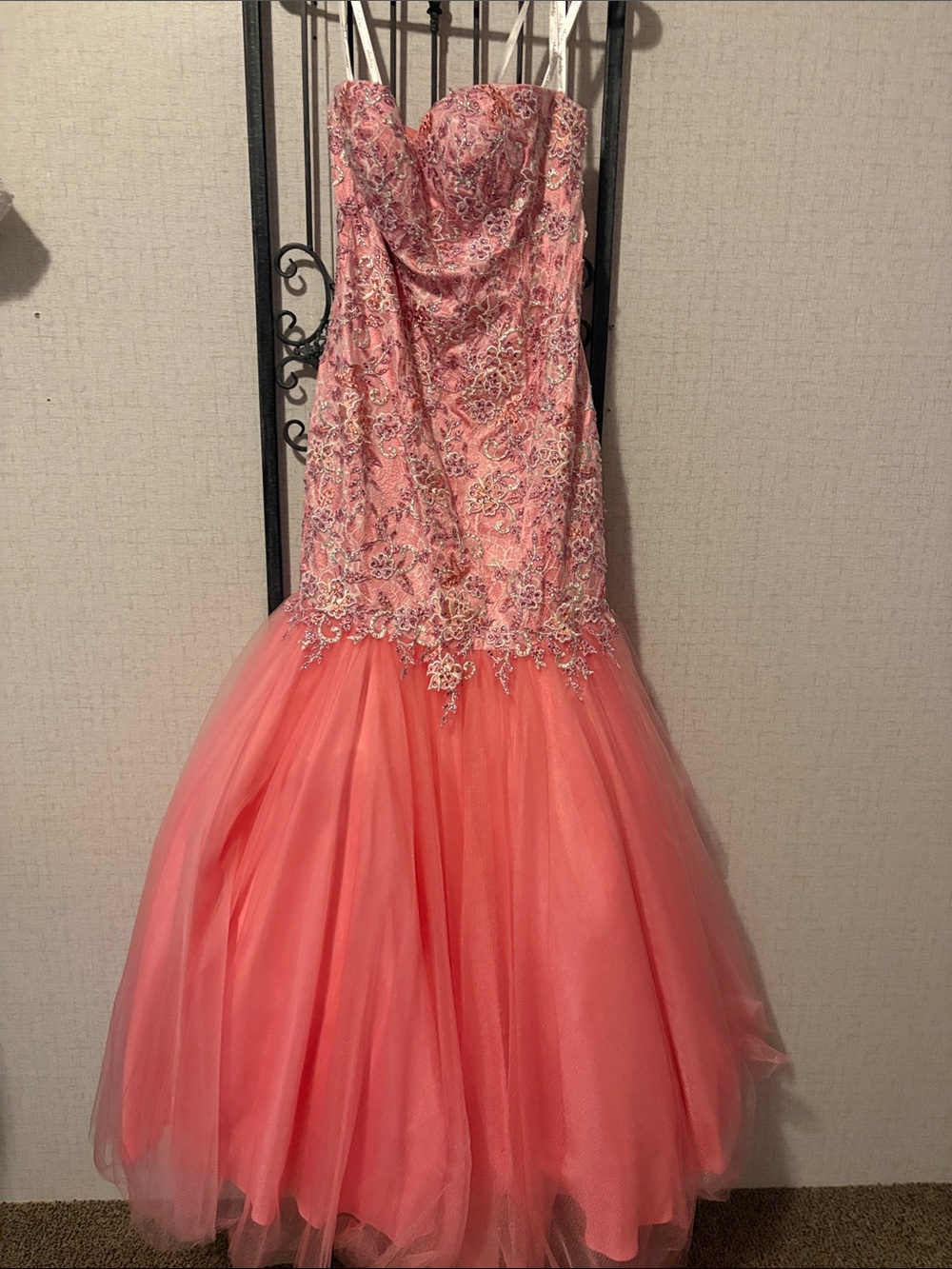 Studio 17 Coral Pink Strapless Beaded Tulle Mermaid Prom Gown
